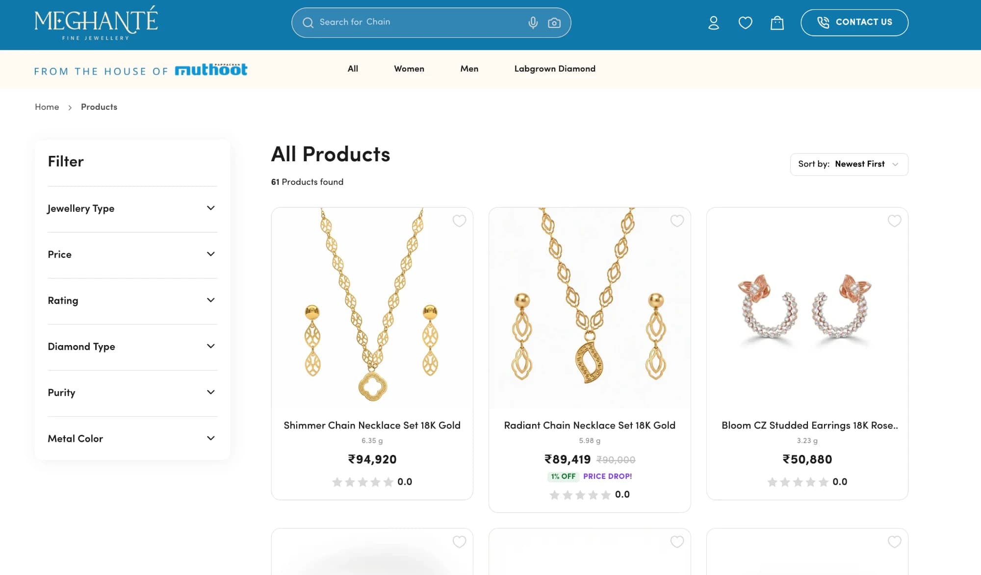 Meghanté product listing, with filters and 61 products