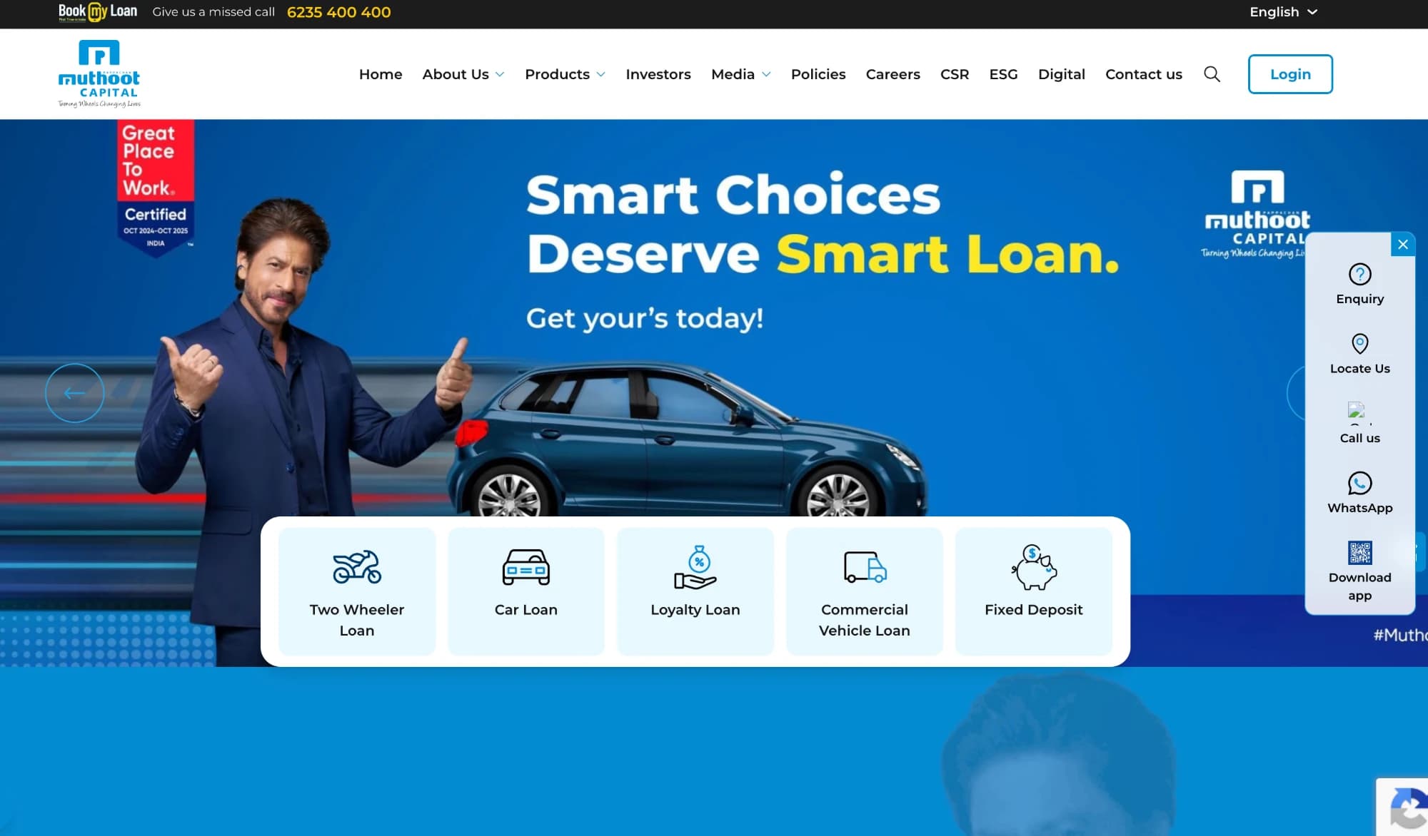 Muthoot Capital homepage, with its loan product entry points